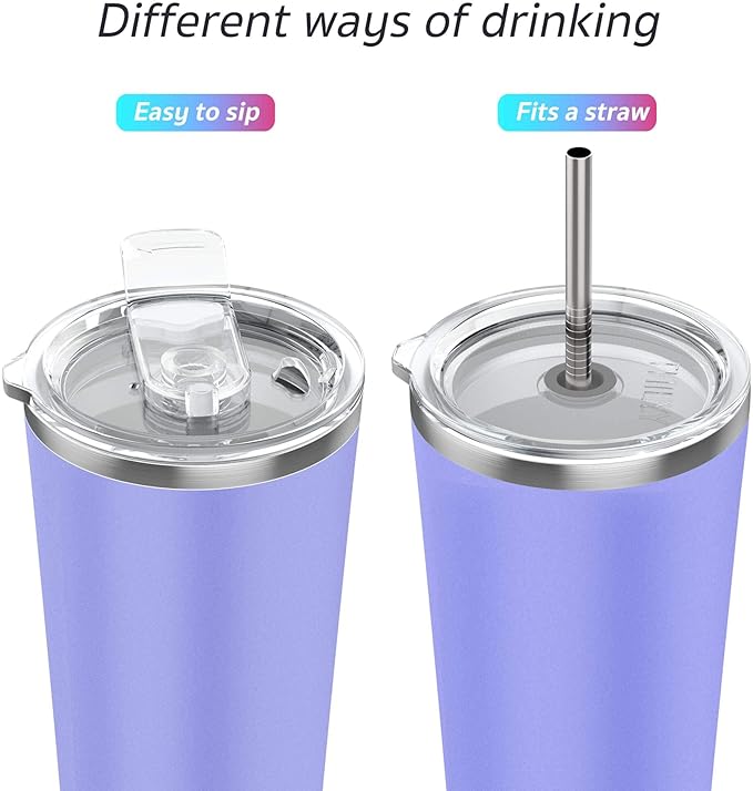 THILY Tumbler Stainless Steel Travel Mug 26 oz Triple-Insulated Coffee Cup with 2 Lids and Straws, Reusable, Powder Coated, Splash-Proof, Keep Ice Drinks Cold, Lavender