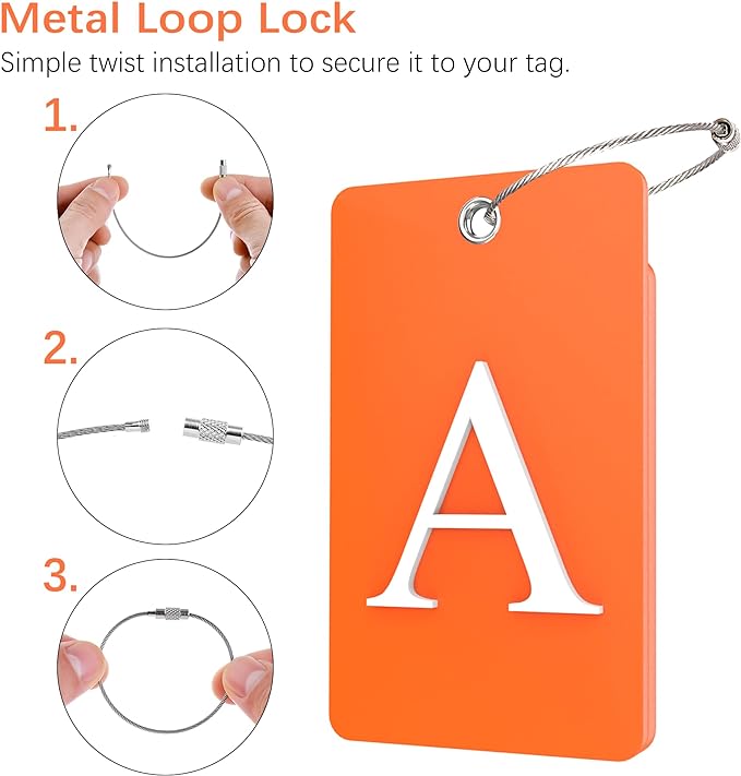 Gostwo 2 Pack Luggage Tags for Suitcases, 26 Initial Letter Travel Luggage Baggage Identification Labels ID Tag Fully Bendable Tags with Stainless Steel Loop (Orange) (Letter A)