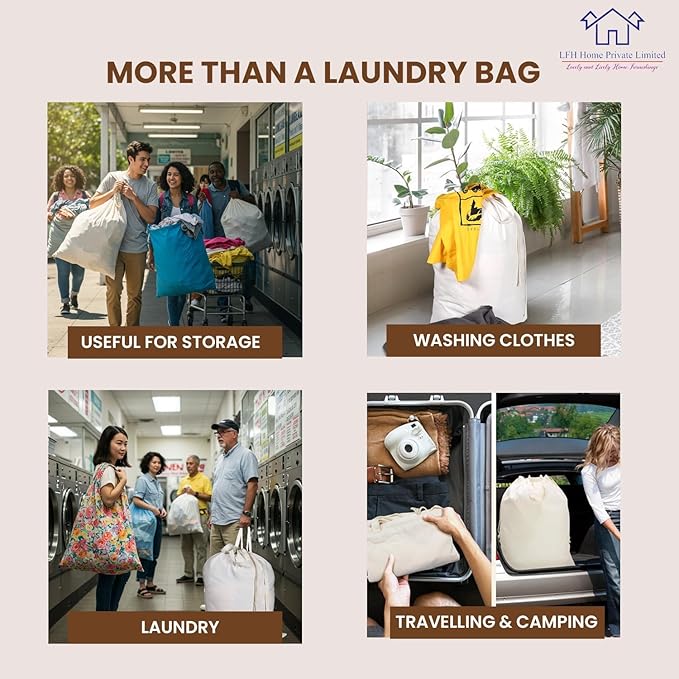 LFH Home Cotton Canvas Large Laundry Bag with Handle, Heavy Duty Drawstring Closure Washable Laundry Bags, School Travel, Home, Hotel, College Dorm, Organizer Sack, Toy Clothes 20x30 (Pack of 4)-White