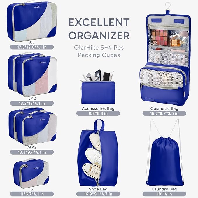 ALL INCLUDED 10 Set Durable Packing Cubes for Suitcases,OlarHike Essentials for Travel, UPGRADED Anti-Tear Stitching, NEW Improved Luggage Packing Organizers for Travel Accessories (Klein Blue)