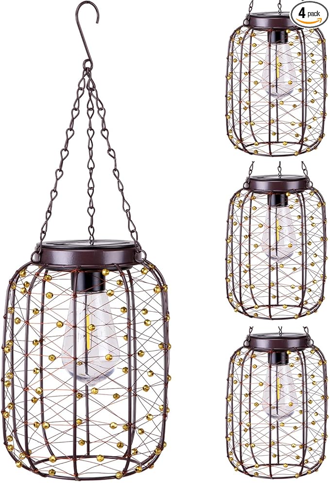 Hanging Solar Lanterns Outdoor Waterproof, Vintage Copper Hanging Lantern Lights for Outside, Solar Chandelier Outdoor Idea for Yard Garden Pathway Gazebo Pergola Porch Decor (4)