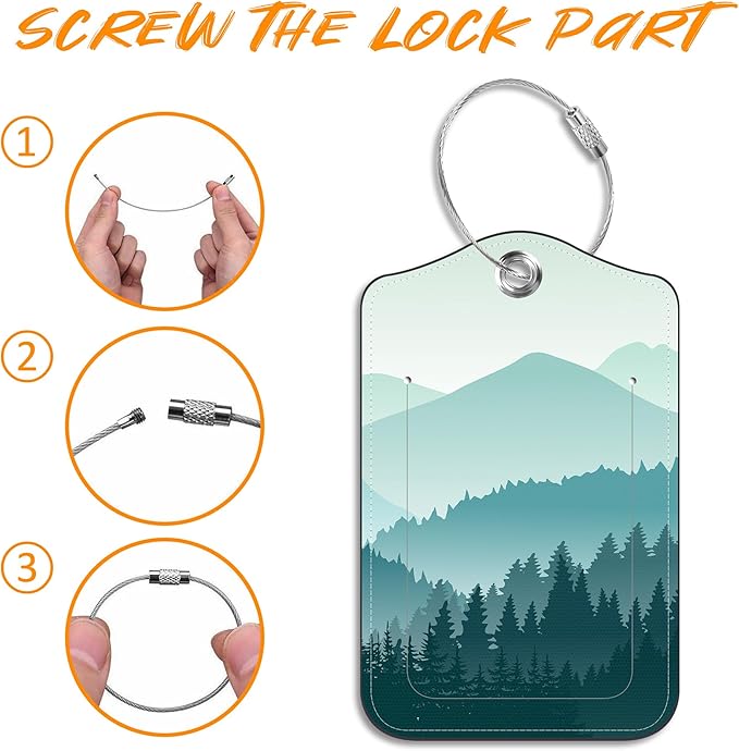2 Pack Luggage Tag for Suitcase Green Mountain Landscape Leather Travel Cruise Luggage Tag with Stainless Steel Loop Name ID Label Privacy Cover for Adults Teens Travel Bag Labels Set