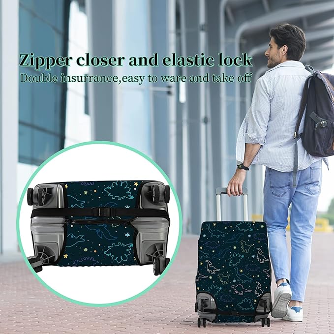 Luggage Cover Suitcase Protector Plus 1 Luggage Tag, Dinosaurs Space Travel Suitcase Cover Suitable for 26-28 inch Luggage (L) with Concealed Zipper Washable Elastic Cloth Dustproof Anti-Scratch