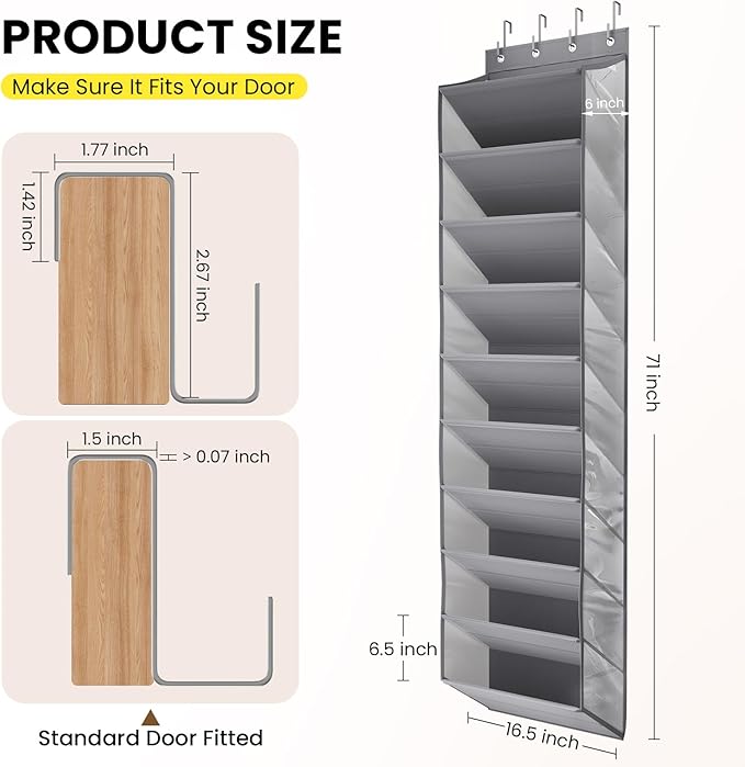 Over the Door Shoe Organizer for Closet, Shoes Rack with 10 Tier PVC Window Deep Pockets, Hanging Shoe Organizers for Boot Storage, Behind the Door Narrow Shoe Holder for Small Shoes, Grey