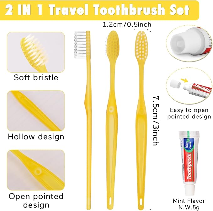 HOFASON Disposable Toothbrushes With Toothpaste Pack of 10, Yellow Hollow Travel Set Individually Wrapped for Homeless, Nursing Home, Shelter, Hotel