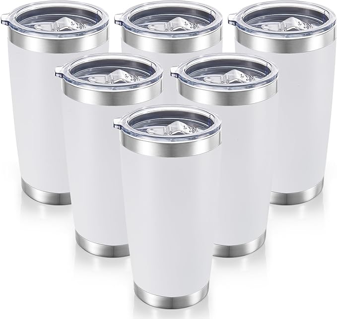 20 oz Tumblers Bulk Stainless Steel Tumbler with Lid Double Wall Vacuum Insulated Coffee Mug 20oz Powder Coated Cup for Hot and Cold Drinks, White, 6 pack