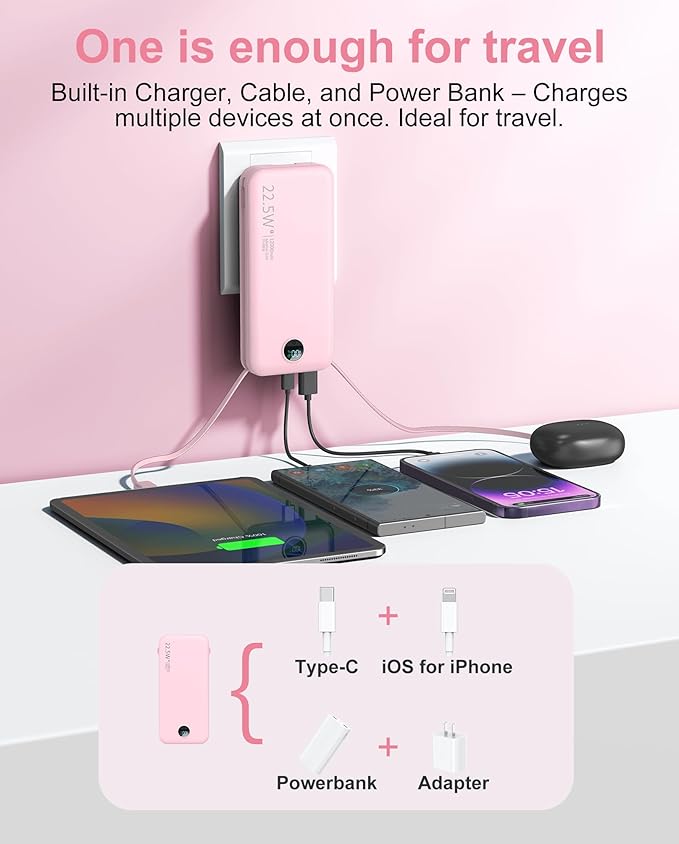 Portable Charger Power Bank, 12000mAh 22.5W USB C Power Bank Fast Charging with Built-in Cables and Wall Plug, Travel Essential Battery Pack with LED Display Compatible with iPhone, iPad, Samsung Pink