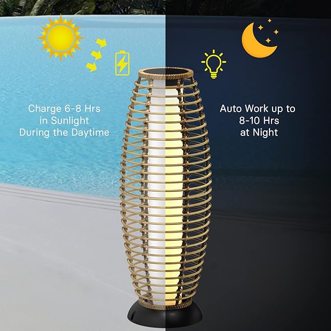 Grand patio Floor Lamp Outdoor Lamp Patio Lights Solar Powered Lantern Weather-Resistant Wicker Deck Lights, Lamp Large-Sized for Garden (Austin Natural Brown)