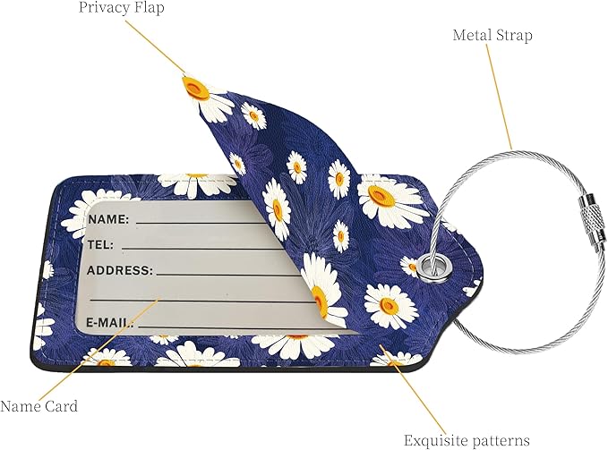 2 Pcs Luggage Tags for Suitcase, Cute Unique PU Leather Travel Bag Tag with Privacy Cover ID Label Address Card and Durable Metal Ring Suitable for Men Women Children Backpack,White Daisy