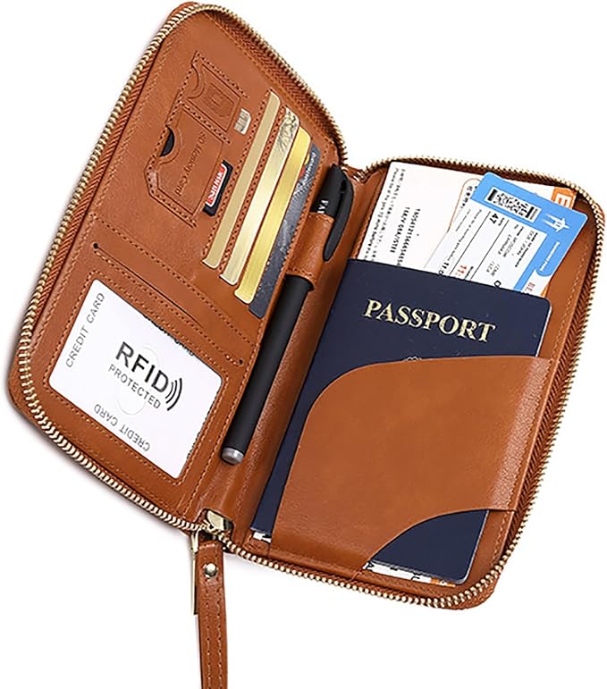 Rowgins Rfid Blocking Passport Holder Wallet, Rowgins Rfid Passport Holder with Zipper, PU Leather PassportHolder for Travel (BROWN)