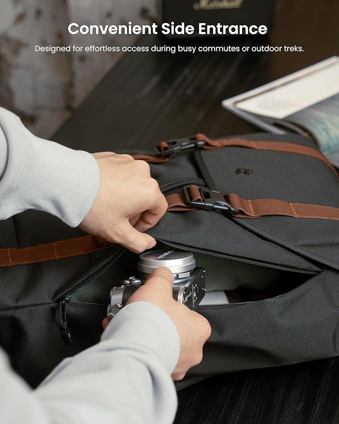 tomtoc Flap Laptop Backpack, Lightweight, Water-Resistant Casual Daypack, Durable Work-pack, Vintage Classic Rucksack for 13-15.6 Inch Laptop, perfect for Campus, Street, 22L Black