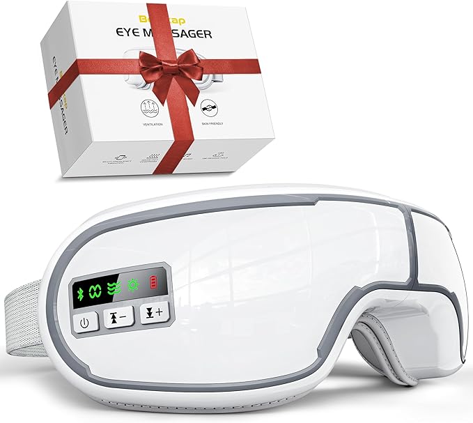 Eye Massager with Heat, Music, Compression, Adjustable Sleep Mask Massage Holiday Birthday Gifts for Women Men, Eye Massager for Migraine Reduce Stye Eye, Eye Strain Relief, Improve Sleep