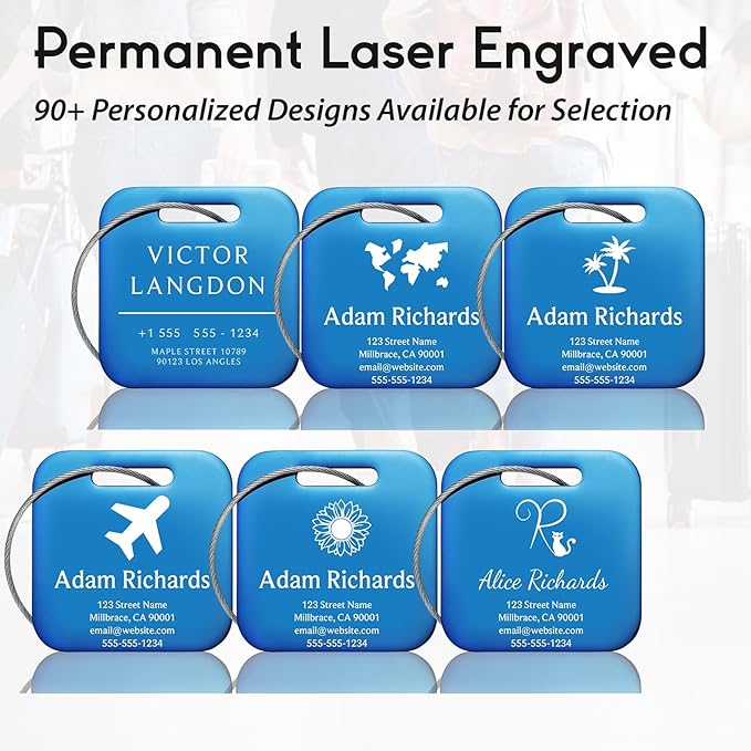 Customized Stainless Steel Luggage Tags: Personalize Your Suitcases, Backpacks, and Bags with Your Text (Blue)