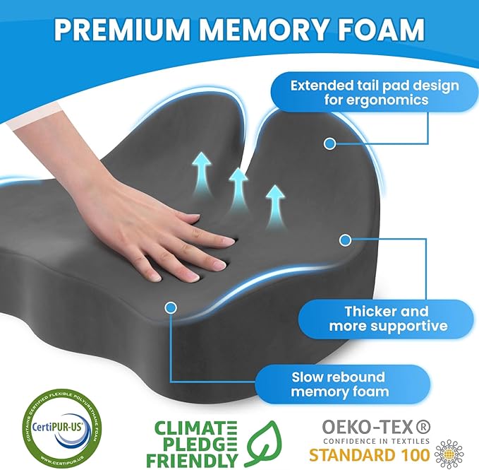 Seat Cushion, Memory Foam Office Chair Seat Cushion for Office Chairs/Car/Long Trip/Desk Chair/Gaming, Extra Large Size for Sciatica & Hip & Tailbone Pain Relief, Sciatica Support (Grey)