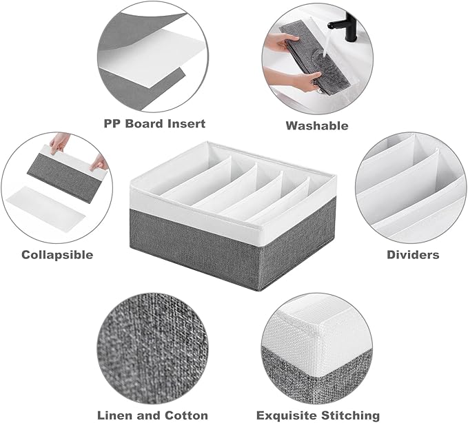 Jeans Drawer Organizers for Clothing,5 Grids Compartment Wardrobe clothes organizer,Fabric Washable Closet Organizers and Storage Bins for Jeans,Pants,Bra,Legging,t-shirt-GreyWhite