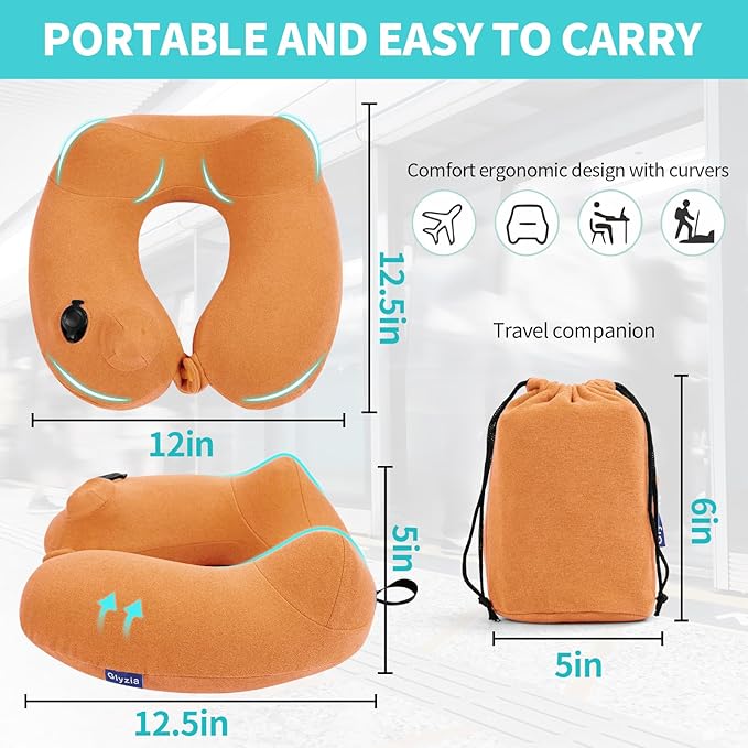 2 Pack Inflatable Travel Neck Pillows for Airplanes, Head Support Velvet Adult Neck Pillows for Long Flight, Kit with Eye Mask, Earplugs and Storage Bag, 2, Orange