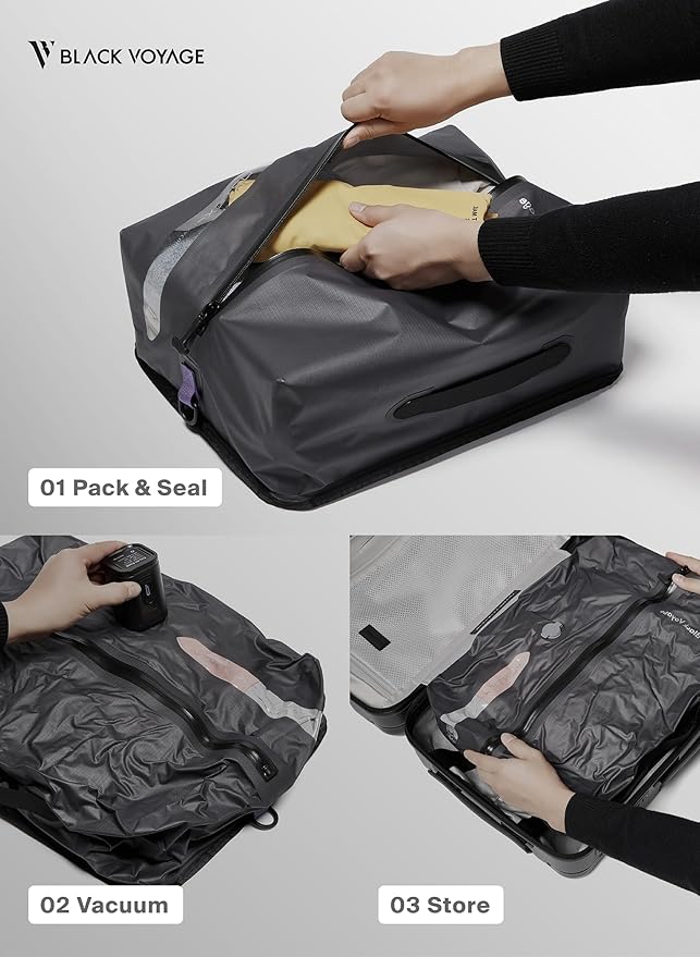 Black Voyage Reusable Vacuum Compression Travel Bag for Carry-On Suitcase and Backpack, Recycled IP67 Waterproof Space Saver Vacpack (2-Pack, 18L - Pump Included)