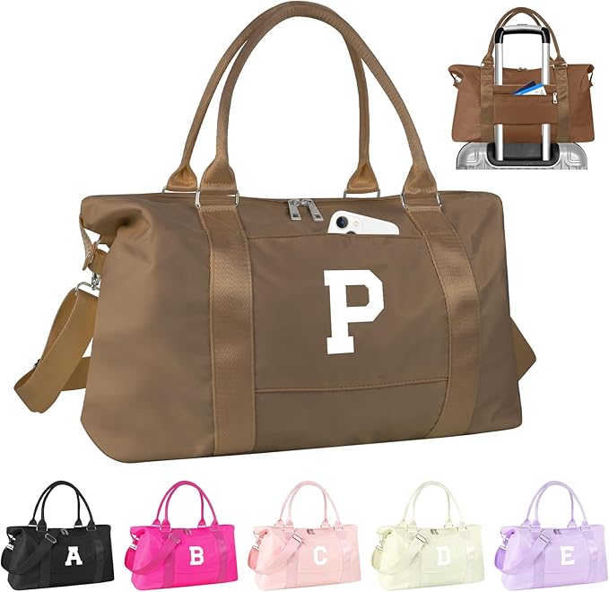 Birthday Graduation Gifts for Daughter,Initial Travel Duffel Bag Sports Gym Bag for Girls Teen Kids Birthday Gifts,Personalized Weekender Bag Carry On Tote Bags Cute Overnight Bag for Women(Brown, P)