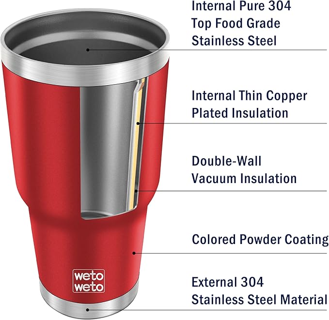 WETOWETO 30 oz Insulated Tumbler With 2 Lids and 2 Straws, Stainless Steel Double Vacuum Coffee Tumbler Cup, Powder Coated Travel Mug for Home, Office, Travel, Party (Harvest Red, 1 Pack)