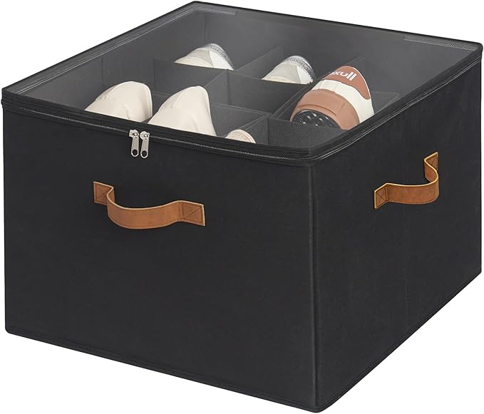 StorageWorks Shoe Organizer for Closet, Fits up to 16 Pairs, Shoe Cubby Storage Containers with Adjustable Dividers and Clear Cover, Black