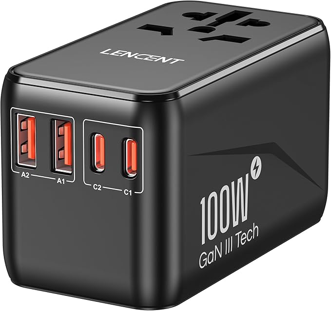 LENCENT Universal Travel Adapter, 100W GaN3 International Adaptor with 2 QC4.0 USB-A+2 PD3.0 Type-C PPS Fast Charging, Worldwide Wall Charger for iPhone,Samsung,Laptop, Plug Adapter USA/UK/EU/AU Black