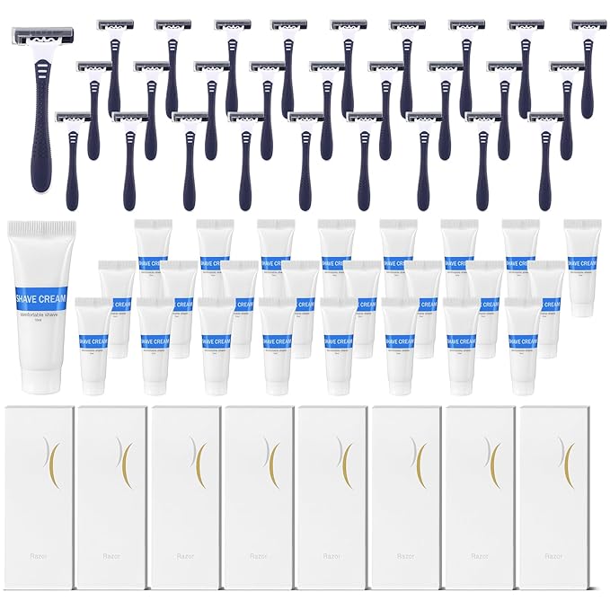 Hushee Shave Kit Bulk Travel Shaving Cream Disposable Twin Blade Razors and Cream Individually Wrapped Smooth Razor with Clear Cap Toiletries for Hotel Shelter Camping Travel Homeless (100 Pack)