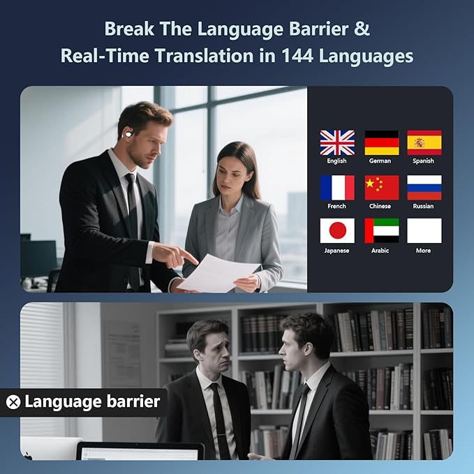 AI Language Translation Earbuds Real Time, Audifonos Traductores Inglés Español, Translator for 144 Languages & Accents, 3-in-1 Translating Headphones with Charging Case, For iOS/Android (Matte Black)