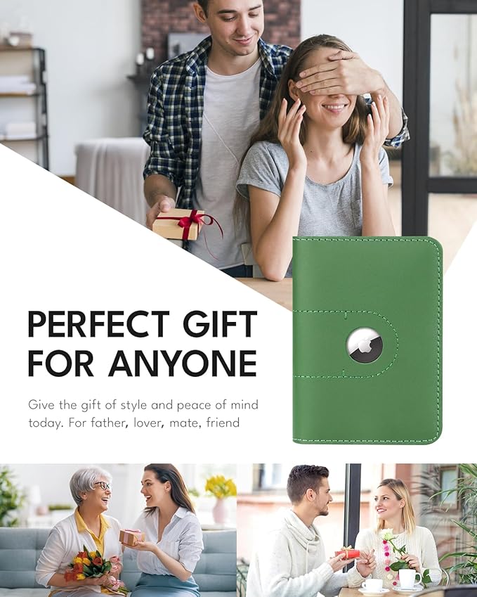 ALLIVE Genuine Leather Passport Holder With Airtag for Women Men - Travel Must-Haves, Airport Essentials, Passport Cover Gift - Green