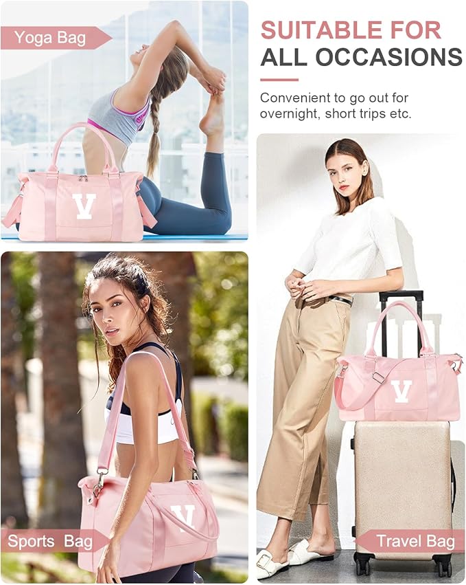 Initial Travel Duffel Bag Sports Gym Bag for Girls Teen Birthday Gifts,Pink Personalized Weekender Bag Carry On Tote Bags for Women Men,Waterproof Overnight Luggage Bag with Trolley Sleeve(Letter V)