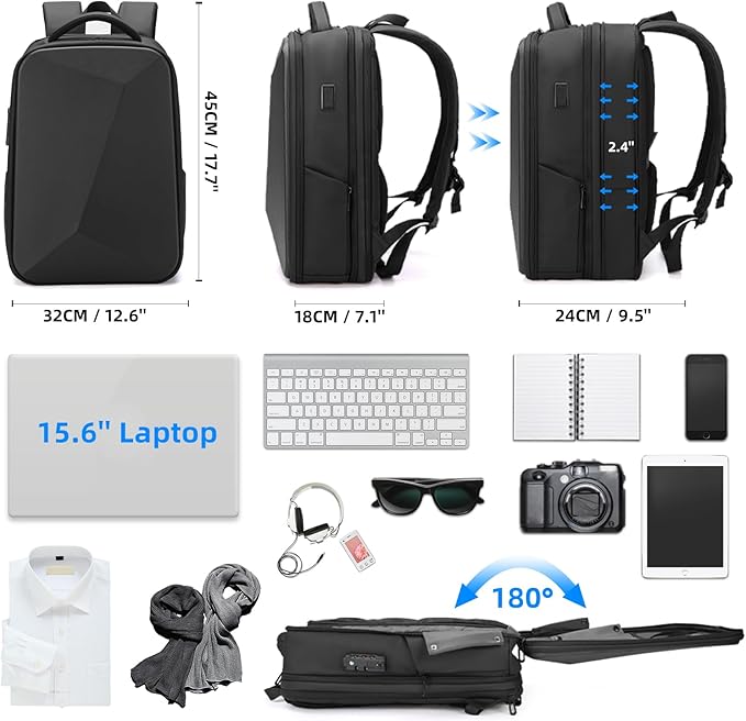 FENRUIEN Anti Theft Laptop Backpack for Men, Expandable Water Resistant Hardshell Backpack with USB Port, Black Business Travel Computer Bag 15.6 Inch