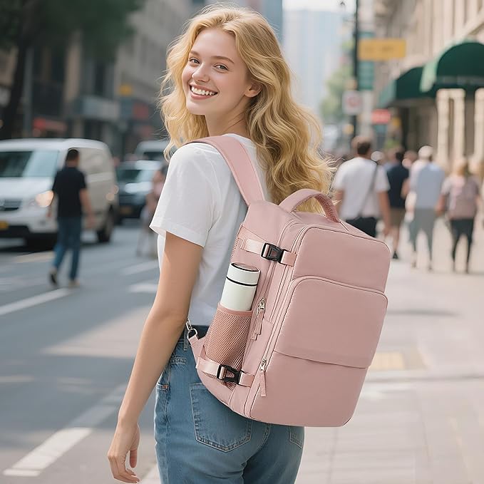 Travel Backpack, Carry on Flight approved Travel Bag with Multi-Pockets, Waterproof 17.3inch Laptop Backpack for Men Women, Pink