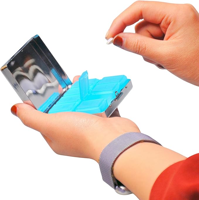 Cute and Portable Metal Pill Organizer – 8 Compartments, Elegant Chrome Finish, Ideal for Travel and Daily Use (Beware Poison Skeletons)
