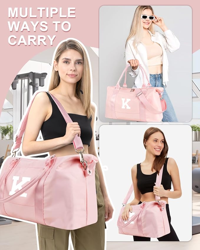 Initial Travel Duffel Bag Sports Gym Bag for Girls Teen Birthday Gifts,Pink Personalized Weekender Bag Carry On Tote Bags for Women Men,Waterproof Overnight Luggage Bag with Trolley Sleeve(Letter K)