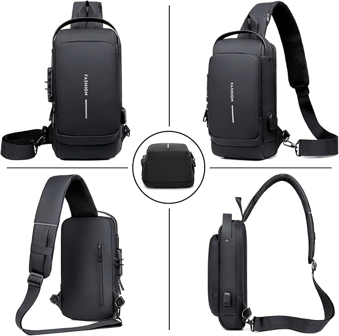Sling Bag for Men Anti-theft USB Crossbody Shoulder Backpack Purse Waterproof PU Leather Chest Bag Travel Daily Use