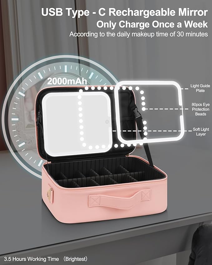 Chomeiu Makeup Bag with LED Mirror, Travel Cosmetic Train Case for Women, Makeup Artists Large Organizer Box with Vanity Light Up Mirror, 3 Color Lights, Adjustable Dividers & Shoulder Strap (Black)