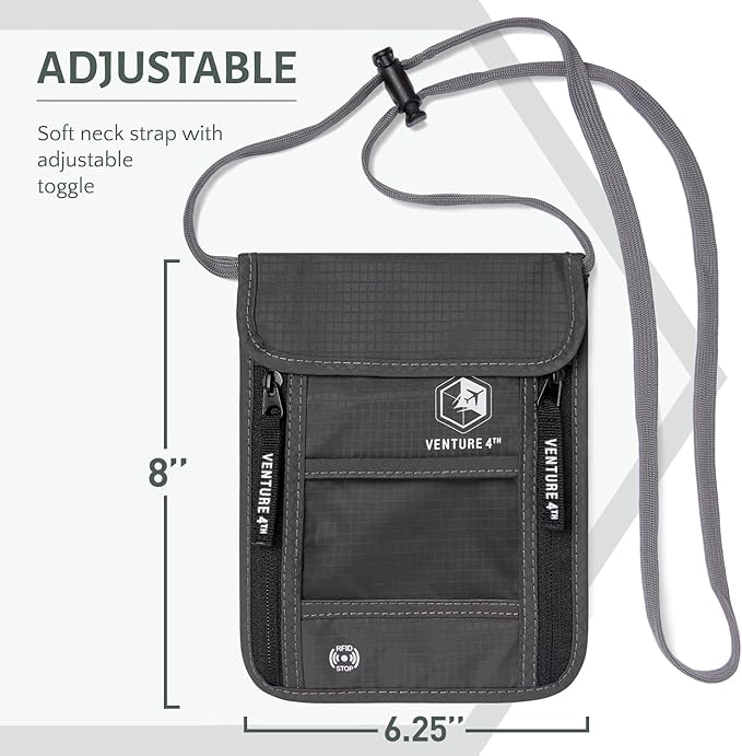 VENTURE 4TH Passport Holder Neck Wallet with RFID Blocking Nylon Lining - Hidden Neck Pouch for Travel (Gray)