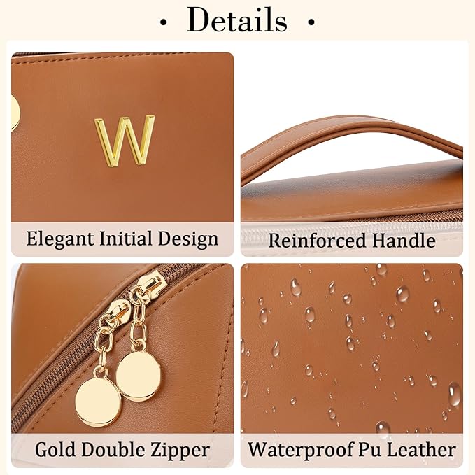 Birthday Gifts for Women Teen Girl, Personalized Initial Makeup Organizer Bag Set, Open Flat Travel Cosmetic Bag With Clear Divider and Handle(Brown,W)