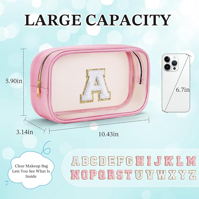 YOOLIFE Initial Make Up Bag Travel Toiletry Bag, Clear Makeup Bag Preppy Cosmetic Bags Organizer Travel Essentials Pink Gifts for Women Teen Girlfriend Teacher Mom Birthday Mothers Day Gifts I