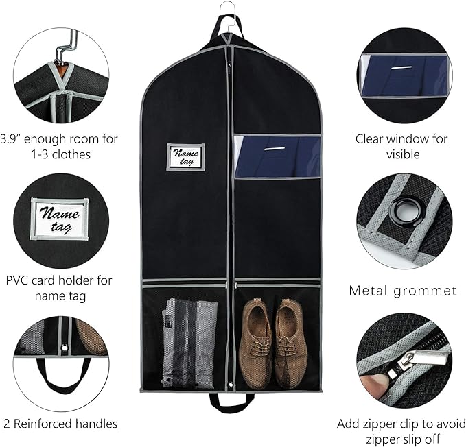 Zilink Garment Bags Suit Bag for Travel and Storage 43 inches Gusseted Suit Cover Protector for Closet with 2 Large Pockets and 2 Carry Handles for Suit Coat, Dress, Set of 2