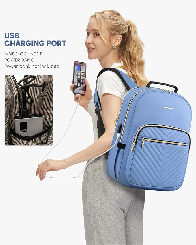 LOVEVOOK Laptop Backpack Purse for Women, Work Business Travel Computer Bags, College Nurse Backpack for Womens, Quilted Casual Daypack with USB Port, Fit 15.6 Inch Laptop, Blue