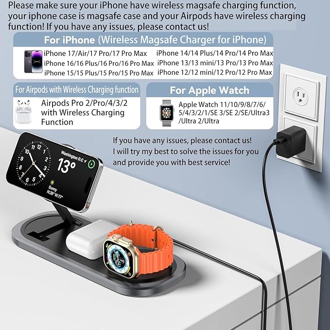 3 in 1 Fast Wireless Charger Stand for iPhone, Foldable Travel Charging Station for Magsafe for iPhone 17/Air/16/15/14/13/12 Series, Apple Watch Series, AirPods pro/2/3/4, Gifts for Women Men (Black)