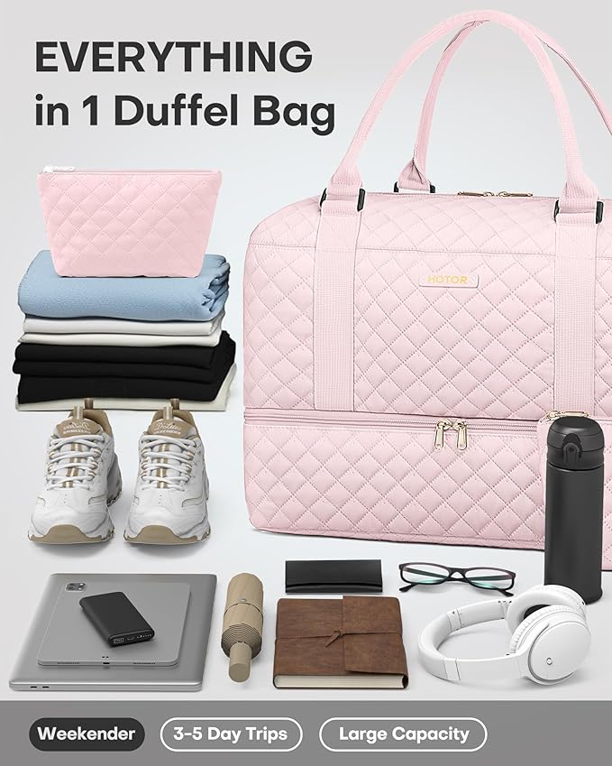 HOTOR Travel Duffel Bag - Weekender Bags for Women, Carry On Overnight Bag with Shoe Compartment, with Toiletry Bag for Travel Essentials and Travel Accessories, Pink, 13.4"×17.3"×7.9"