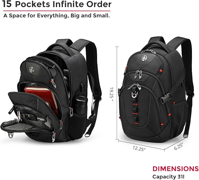Swissdigital Design Laptop Backpack with USB Charging Port, TSA Travel Backpack Fits 15.6 inches Computer, 31L College School Backpack for Men, Black | SD803