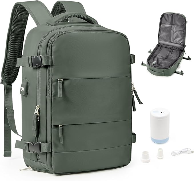 Vacuum Backpack Travel Laptop Backpacks For Women Men Carry On Backpack With Vacuum Compression Bags Seal Packing Personal Item Travel Bag Vacpack Backpacks With Pump Olive Green