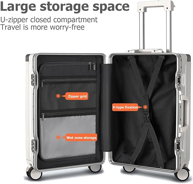 feilario 20in Aluminium Frame PC Hard Shell Spinner Wheels Luggage, Built-In TSA lock Carry on Suitcase, with Cup Holder, USB Port, Phone Holder ﻿