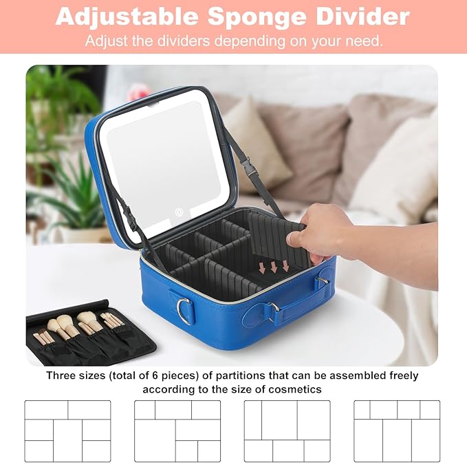 Mocado Travel Makeup Bag with LED Lighted Mirror,Travel Makeup Organizer,Makeup Case with 3 Color Lighted Setting and 10x Magnifying Mirror,Portable Storage and Adjustable Dividers Makeup Box(Blue)