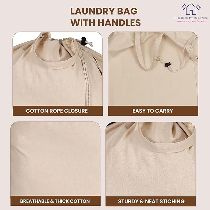 LFH Home Large Premium 100% Cotton Canvas Laundry Bag with Drawstring and Handles Heavy Duty, Multi-Use, and Washable for Home, Travel, College or Storage 28x36 (Pack of 2)-Natural