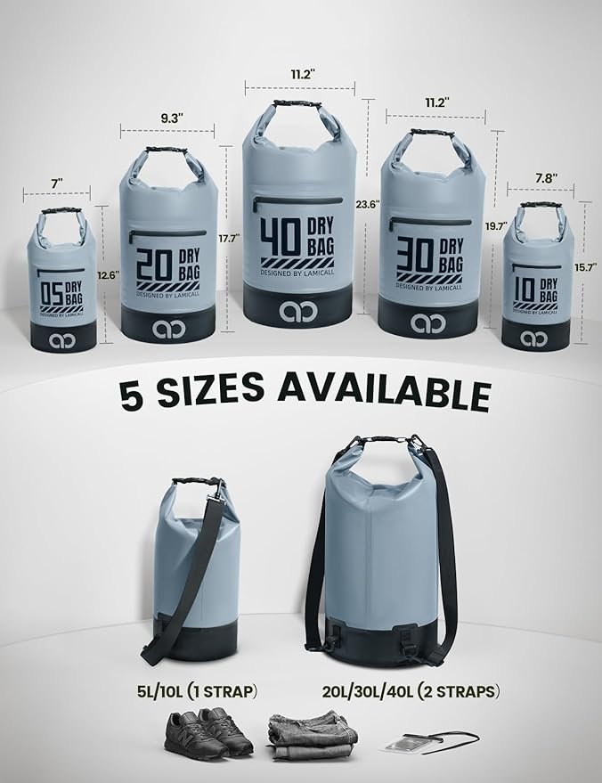 Lamicall Dry Bag Waterproof Backpack - [Zippered Pocket] 5L/10L/20L/30L/40L Roll Top Waterproof Bag with Water Proof Phone Pouch, Floatable Drybag for Swimming, Boating, Kayaking, Camping, Beach