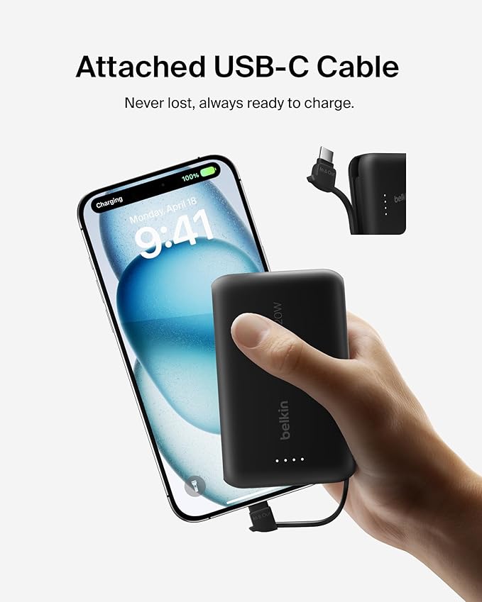 Belkin Portable Charger, Power Bank 10000 mAh with Integrated Cable - 20W Fast Charge USB-C Power Delivery, iPhone Charger - Apple iPhone 16 Series, iPad Pro, Samsung Galaxy S25, & More - Black