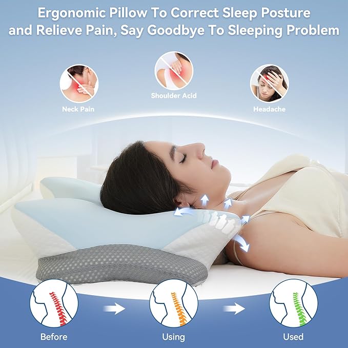 Cervical Neck Pillow for Pain Relief- Memory Foam Orthopedic Pillow, Ergonomic Contour Pillows for Side/Back/Stomach Sleepers, Adjustable Height with Breathable Pillowcase(Grey)